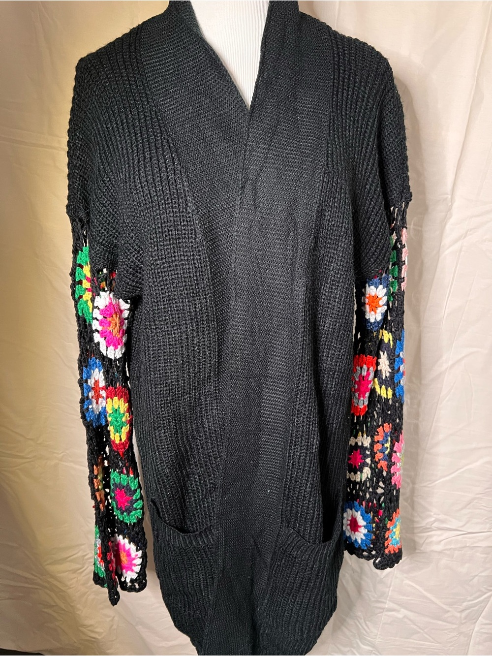 Black Open-Front Women’s Cardigan Sweater with Colorful Crochet Sleeves